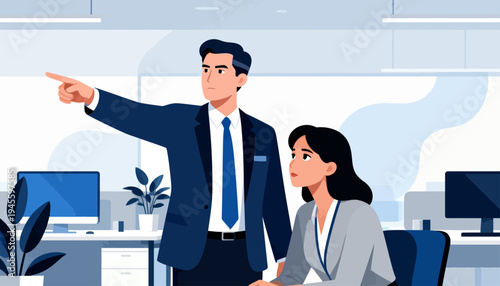 Man gestures upward, directing attention. Woman listens attentively beside him. Modern office setting with screens and plants. Professional atmosphere suggests teamwork or strategy