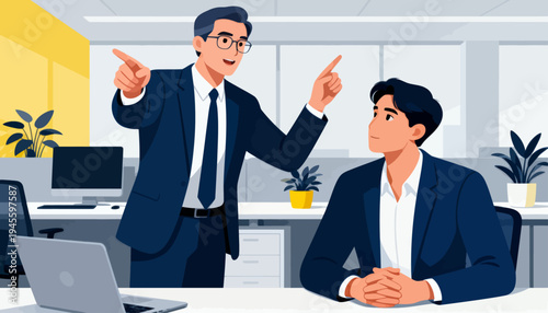 Two men in business attire engage in a focused meeting. One stands, pointing upward to emphasize a key idea. The other sits attentively, listening with thoughtful interest