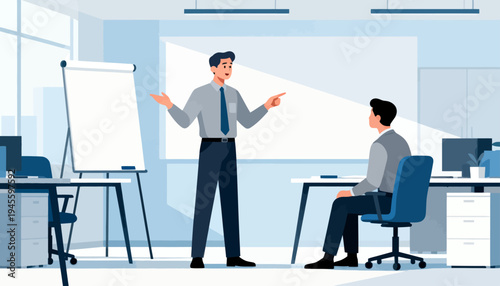 Man stands, gesturing during presentation. Employee sits, listening intently. Modern office with whiteboard and desks. Light blue tones create calm, professional mood. Ideal for business training