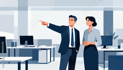 Businessman points confidently at a digital screen. Woman listens attentively beside him. Modern office with clean desks and monitors. Team collaboration in a professional setting