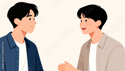 Two smiling men converse warmly in a soft-toned illustration. Their friendly expressions suggest mutual understanding and ease. Ideal for business, teamwork, or communication themes