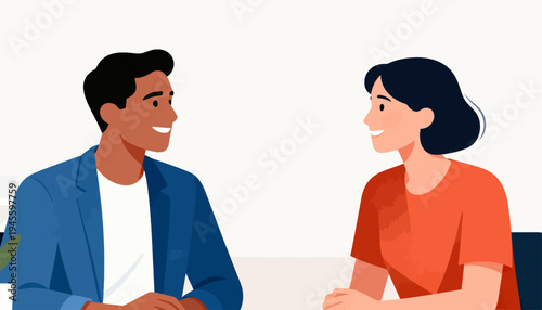Two people smile while conversing across a table. They sit facing each other with relaxed postures. Their expressions suggest mutual interest and warmth. This image conveys connection, teamwork