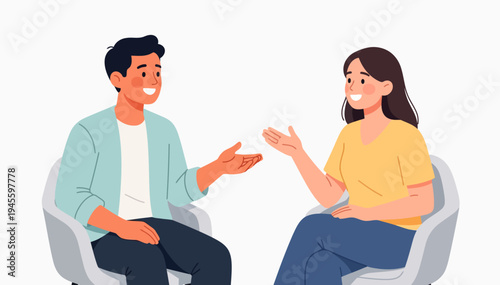 Two people sit facing each other, smiling warmly. They gesture open-handed, showing friendly engagement. Their relaxed posture suggests mutual trust and ease. Ideal for illustrating conversation