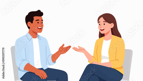 Two people smile warmly while sharing a friendly conversation. They gesture with open palms, showing trust and engagement. The scene feels relaxed, perfect for therapy or counseling visuals