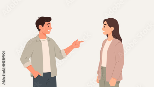 Cartoon man points at woman with a smile. Woman looks away, appearing unamused or surprised. Both stand close, yet emotionally distant. Scene implies light conflict or playful teasing