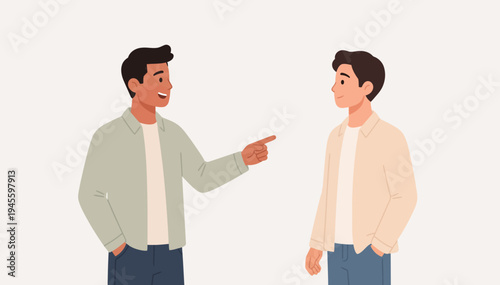 Two men stand facing each other. One gestures with his finger toward the other. Their expressions show friendly engagement. The scene suggests casual conversation or friendly teasing