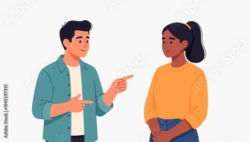 Man gestures toward woman in conversation. Woman listens attentively, hands clasped. Both appear engaged in friendly dialogue. Ideal for business meetings or casual chats