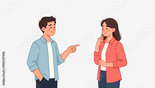 Man points at woman, smiling warmly. Woman laughs softly, hand near chin. Friendly interaction shows casual, positive connection. Great for social media, business, or lifestyle visuals