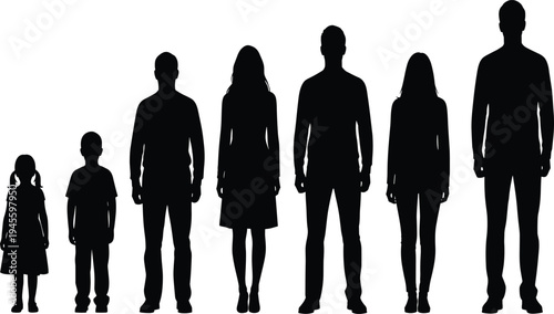 Silhouette figures showing human growth stages from child to adult, arranged shortest to tallest, representing age progression, development, diversity, and education themes
