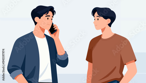 Two young men converse in a casual, modern setting. One holds a phone, engaged in a call. The other listens attentively, showing interest. Their expressions hint at friendly or professional dialogue