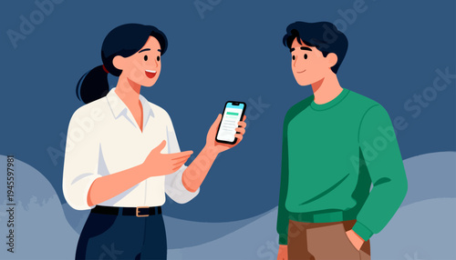 Woman shows phone to smiling man. They appear engaged and friendly. Soft blue background adds calm tone. Ideal for tech, communication, or education themes. No animals or plants present