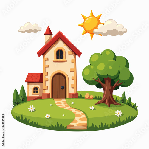 Charming flat vector illustration of a cute suburban house on a green hill with a tree and sun, perfect for real estate and friendly neighborhood concepts.