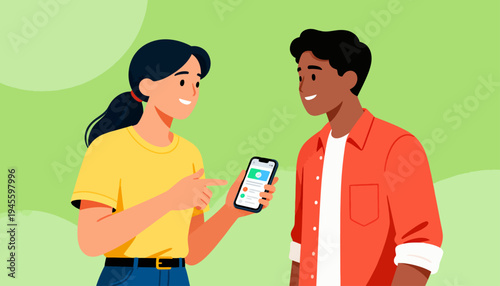 Two people share a friendly moment. One points at a phone screen with a smile. The other listens attentively, looking pleased. Bright colors suggest upbeat communication. Perfect for apps, education