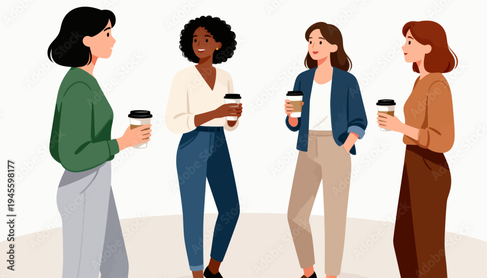 Obraz premium Four women chat, holding coffee cups. They smile, standing close, sharing conversation. Warm lighting highlights their casual, friendly gathering. Perfect for office breaks, social events