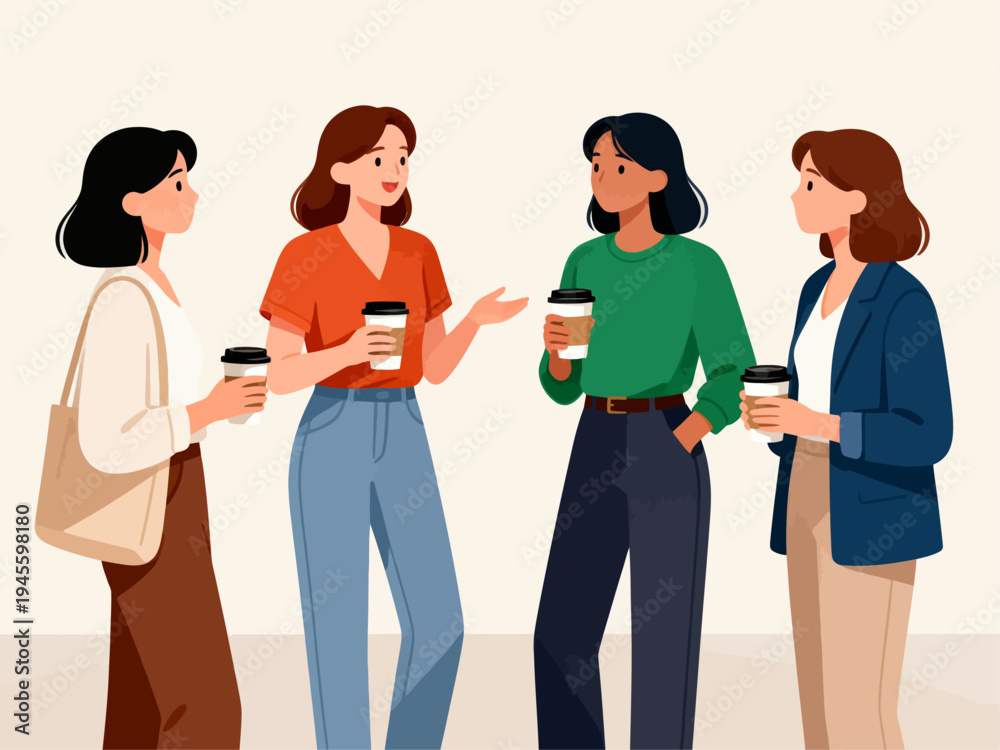 Obraz premium Four women chat while holding coffee cups. They smile and gesture, showing friendly connection. Casual attire suggests a relaxed workplace break. Ideal for team collaboration or social moments