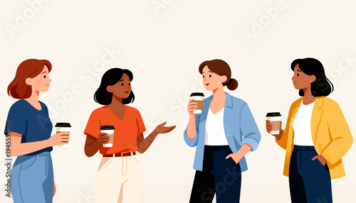 Four women chat over coffee, smiling warmly. They stand together, holding cups, engaged in conversation. Casual attire, relaxed posture, friendly expressions. Ideal for team meetings