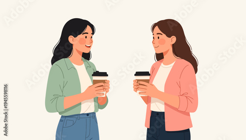 Two women smile, holding coffee cups. They chat, enjoying a casual meeting. Soft pastel colors give a friendly feel. Perfect for social, work, or lifestyle themes