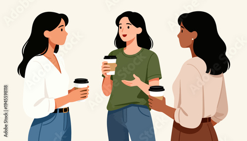 Three women chat over coffee in a casual setting. They smile, showing warmth and connection. Their conversation flows easily, filled with laughter. Ideal for business, social, or lifestyle themes