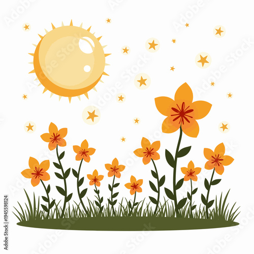 Cheerful flat vector illustration of bright yellow and orange flowers blooming under a smiling sun, perfect for beautiful spring and summer nature designs.