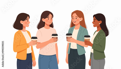 Four women stand together, smiling and chatting. Each holds a coffee cup, appearing relaxed and friendly. Their casual outfits suggest a break or meeting. The scene radiates warmth and connection