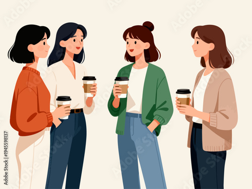 Four women chat over coffee in casual outfits. They smile, showing friendly connection. Soft lighting adds warm, relaxed atmosphere. Ideal for social, coworking, or casual meeting scenes