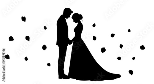 Romantic bride and groom silhouette holding hands with falling petals