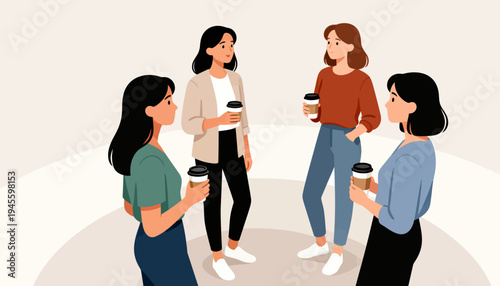 Four women gather in a circle, holding coffee cups. They smile warmly, sharing conversation and connection. Soft tones and gentle lines define this friendly meeting. Ideal for scenes of collaboration