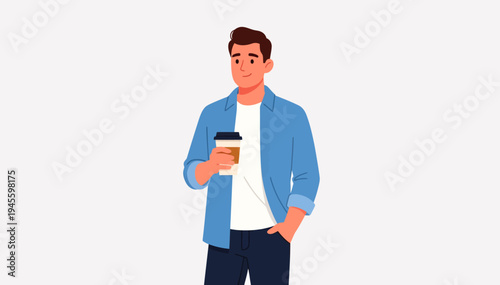 Man holds coffee cup, smiling warmly. Casual outfit, relaxed posture. Ideal for cafe, morning routine, or urban lifestyle themes. Simple background draws focus to subject