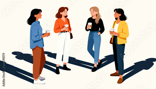 Four women chat casually, holding drinks. Their shadows stretch long on a plain background. Soft lighting enhances their relaxed, friendly expressions. Perfect for workplace, social