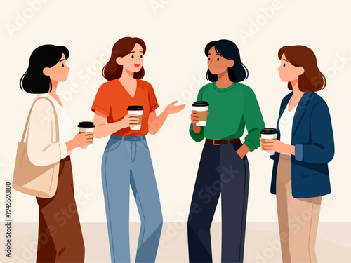 Four women chat while holding coffee cups. They smile and gesture, showing friendly connection. Casual attire suggests a relaxed workplace break. Ideal for team collaboration or social moments