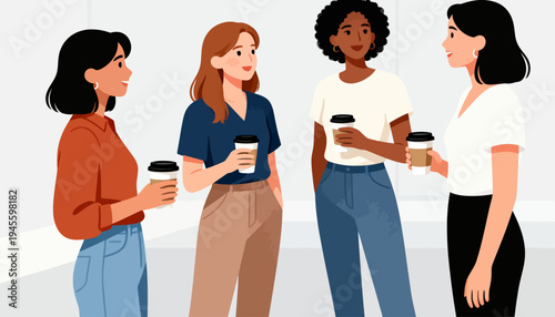 Four women chat, holding coffee cups. They smile, appear relaxed and engaged. Casual attire suits a friendly meeting. Great for team breaks, workplace gatherings, or social events