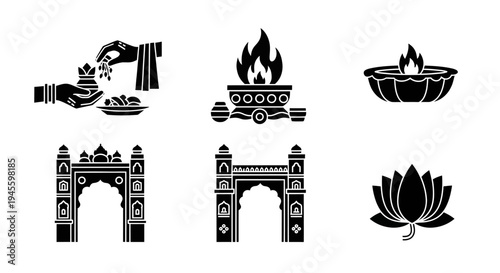 Traditional Indian wedding ceremony ritual icons collection