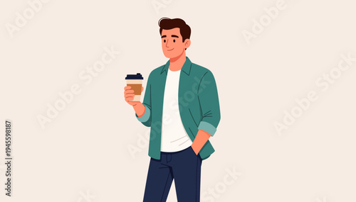 Man holds coffee cup, smiling gently. He wears casual jacket and jeans. Fingered hand grips a takeaway cup. Warm tone suggests relaxed morning or pause. Ideal for lifestyle, business, or break moments