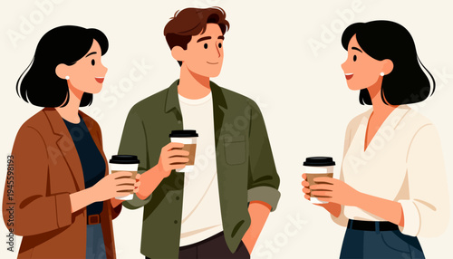 Three friends laugh over coffee, sharing moments. Their smiles glow with warmth and connection. Casual clothes, relaxed poses, and coffee cups complete the scene. Ideal for social, team