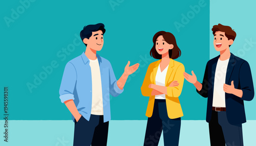 Three friends chat warmly, smiling and gesturing together. One holds hands, another clasps arms, third gestures with open palms. Background is soft teal, clean and minimal. Ideal for team discussions