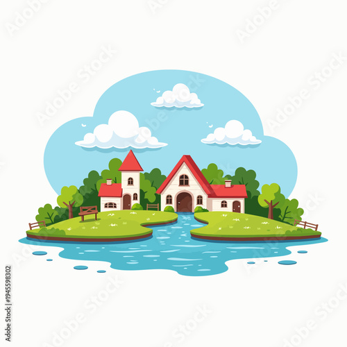 Picturesque flat vector illustration of a charming village situated by a tranquil lake with beautiful mountains and dense pine forests in the scenic background.
