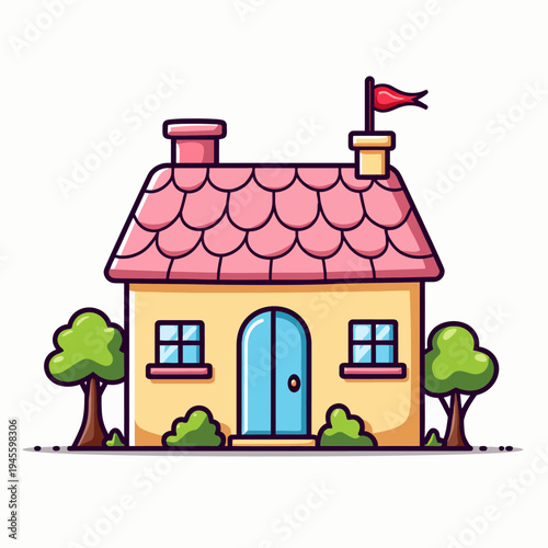 Adorable flat vector illustration of a cute, stylized pink house or little shop with a bright blue door and charming details for sweet neighborhood designs.