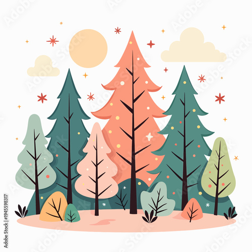 Beautiful flat vector illustration of an autumn forest landscape featuring pine trees in warm fall colors of orange, pink, and yellow under a soft sunset sky.