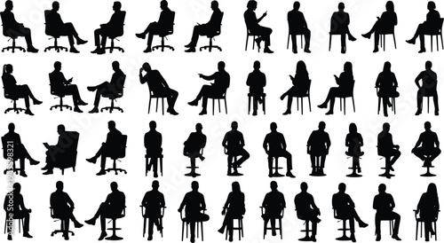 Silhouette people sitting on chairs in varied postures and gestures, showing ergonomics, lifestyle, office seating, design, human behavior, and interaction themes
