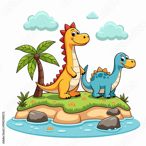 Playful flat vector illustration of two cute cartoon dinosaurs, a T-Rex and a Brontosaurus, relaxing on a tropical island, perfect for fun children's designs.