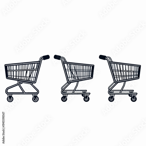 Simple flat vector graphic featuring three empty supermarket shopping carts in a row, ideal for retail, e-commerce, and grocery store business design concepts.