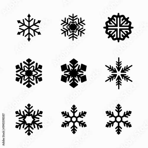 Versatile vector set of nine different detailed snowflake silhouettes, perfect for winter holiday designs, Christmas decorations, and festive cold weather themes.