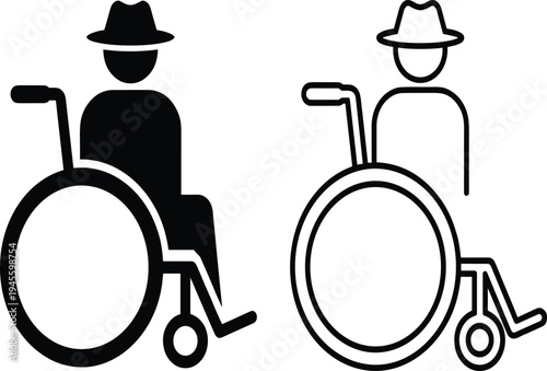 Silhouette wheelchair icons with person wearing hat, solid and outlined styles, showing accessibility, disability, mobility, inclusion, and universal design themes