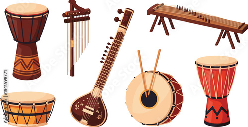 Set of Traditional Musical Instruments Featuring Drums, Sitar, Kora, Dulcimer, and More in Cartoon Style