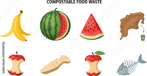 Compostable Food Waste Set Featuring Banana Peels, Watermelon Rinds, Apple Cores, Fish Bones, and Organic Waste