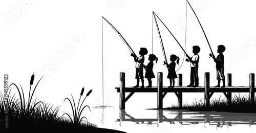 Black silhouette illustration of children fishing on wooden dock with rods over water, symbolizing childhood, nature, outdoor recreation, friendship, and creative artwork projects
