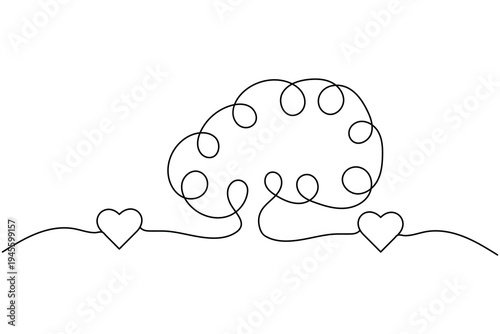Human brain with heart continuous single line art style