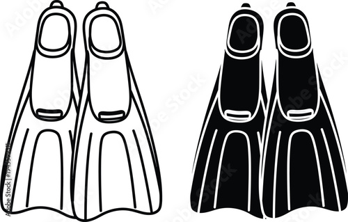 A black and white illustration of flippers for scuba diving and snorkeling