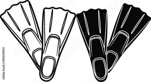 A black and white illustration of two sets of flippers side by side