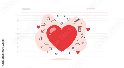 Red Heart Symbol with Stars, Clouds and To-Do List Icons on Lined Paper Background